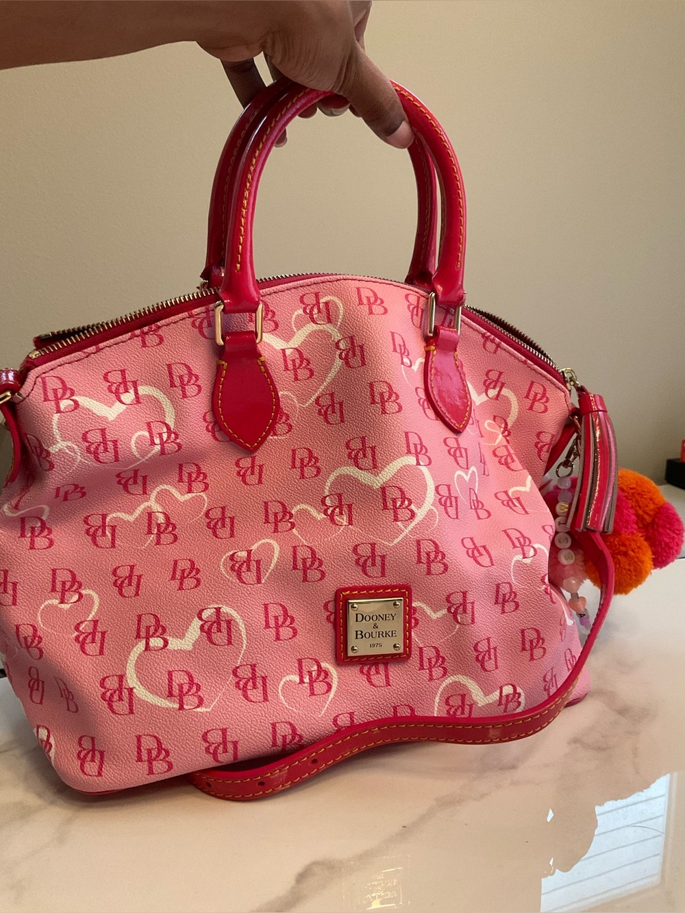 Dooney & Bourke Pink Heart Logo Satchel with Hot Pink Trim